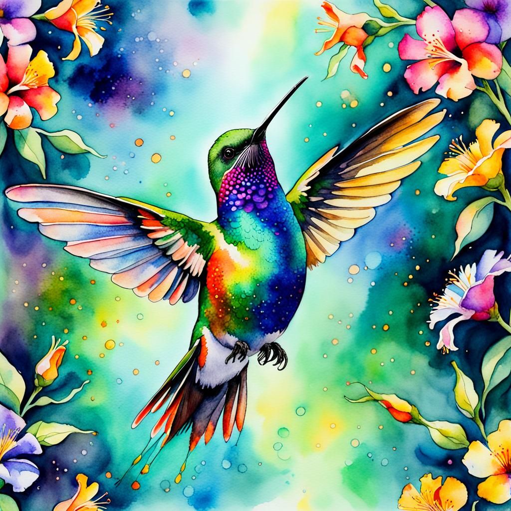 Hummingbird in Watercolor with Flowers