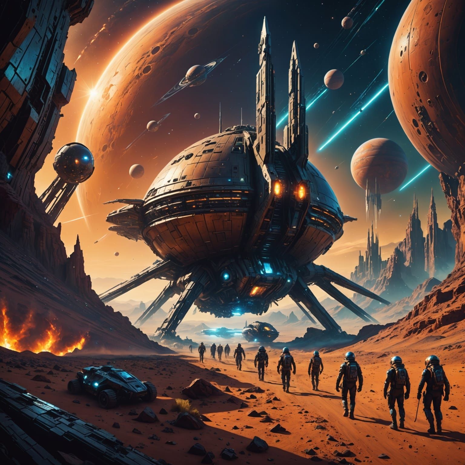 Sci-Fi Scene: People Leaving Spaceship on Alien Planet