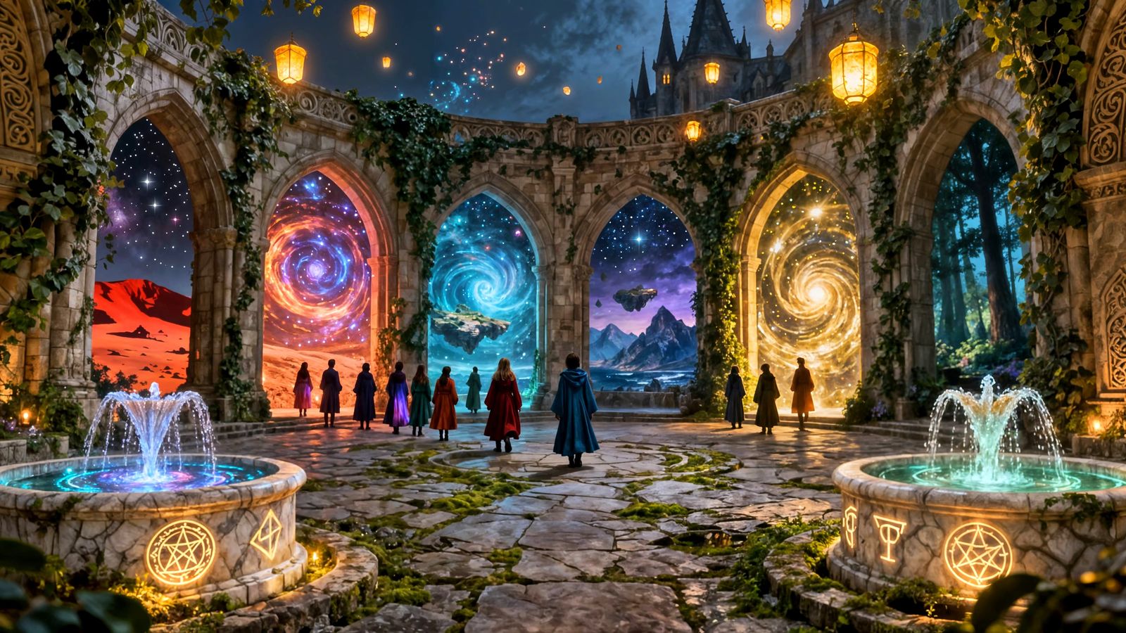 Ancient Magic School Courtyard with Interdimensional Portals