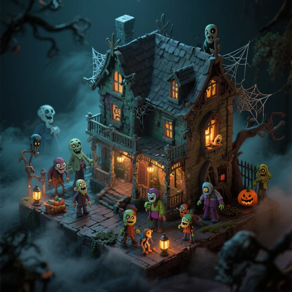 Grotesque Halloween Haunted House in Cartoon Style