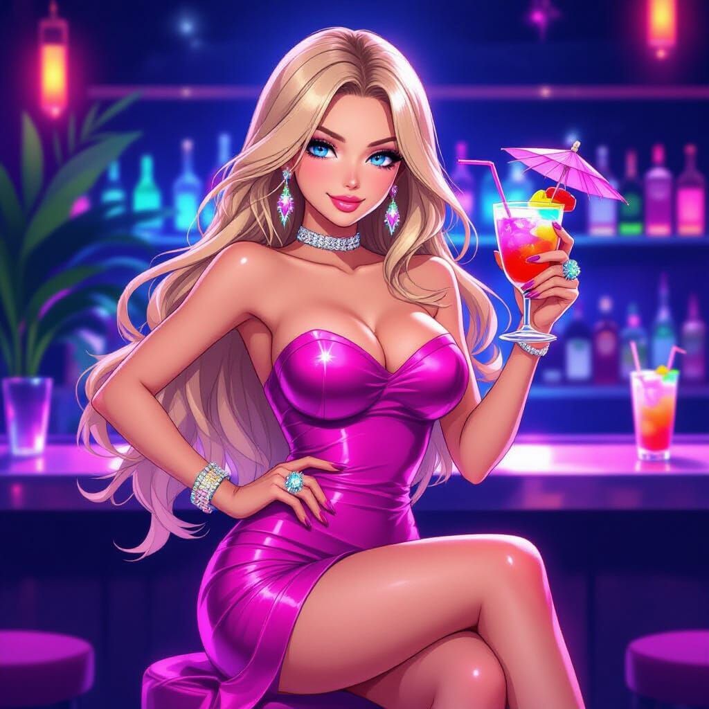Anime Woman in Pink Dress with Cocktail