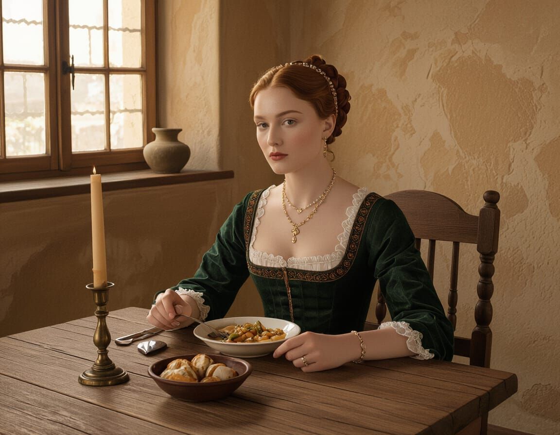 Elegant Woman Enjoys Meal at Rustic Table