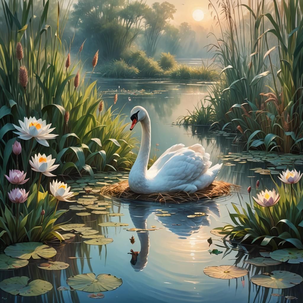 Swan Nesting in Surreal Lily Pond Landscape