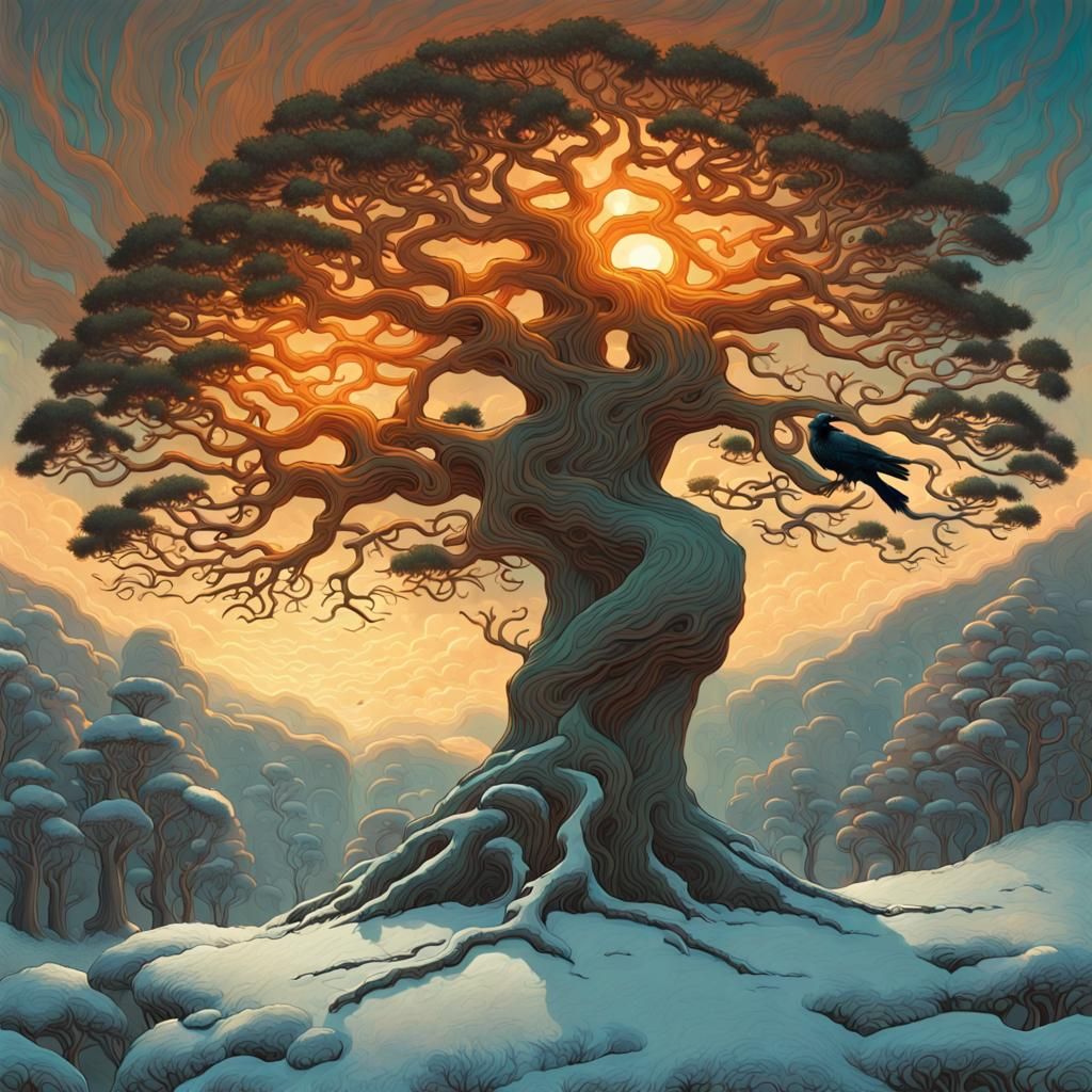 Yggdrasil Bonsai Tree in Winter: Australian Tonalism