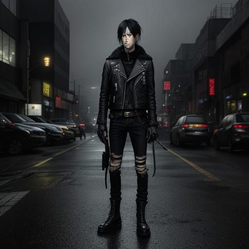 Dark Elegance: Reze in Gritty Cityscape