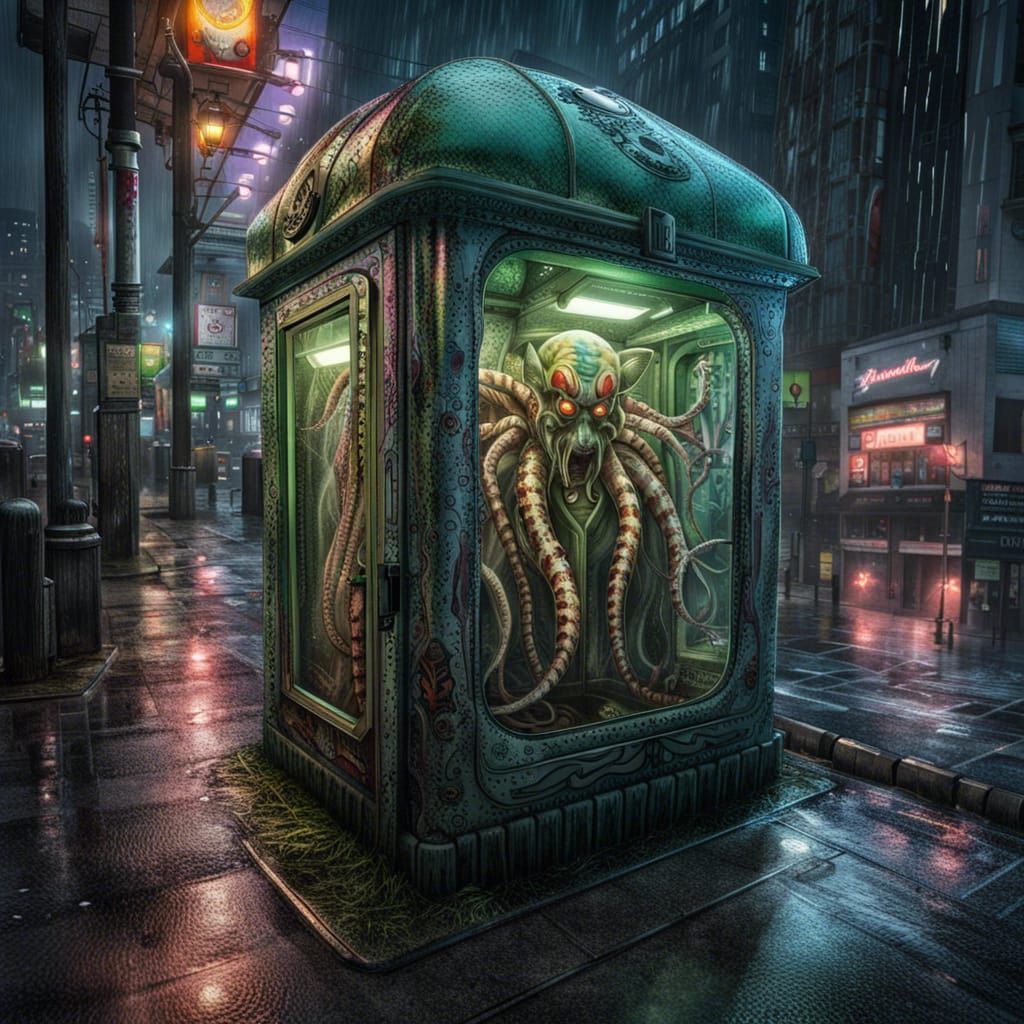 Biomechanical Squid Clown in Phone Box Under Lightning