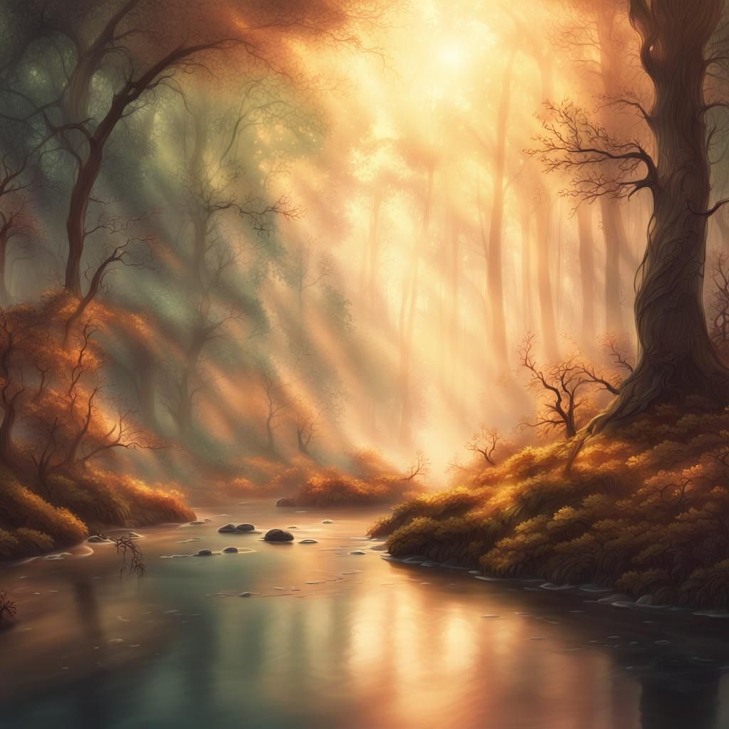 Dreamlike Misty Forest with Golden Hour Lighting