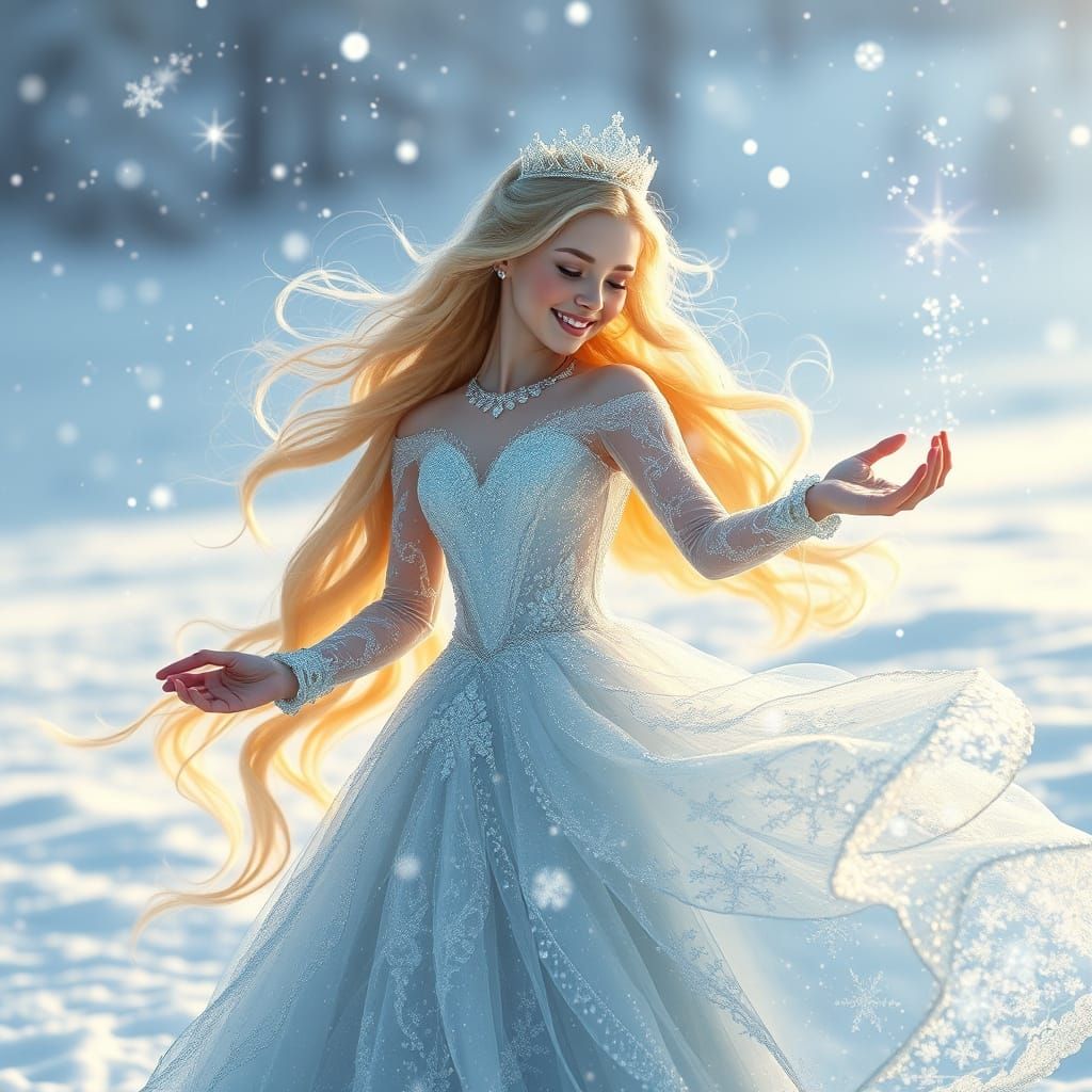 Ice Princess in a Crystal-Encrusted Gown Dances in a Snowy W...