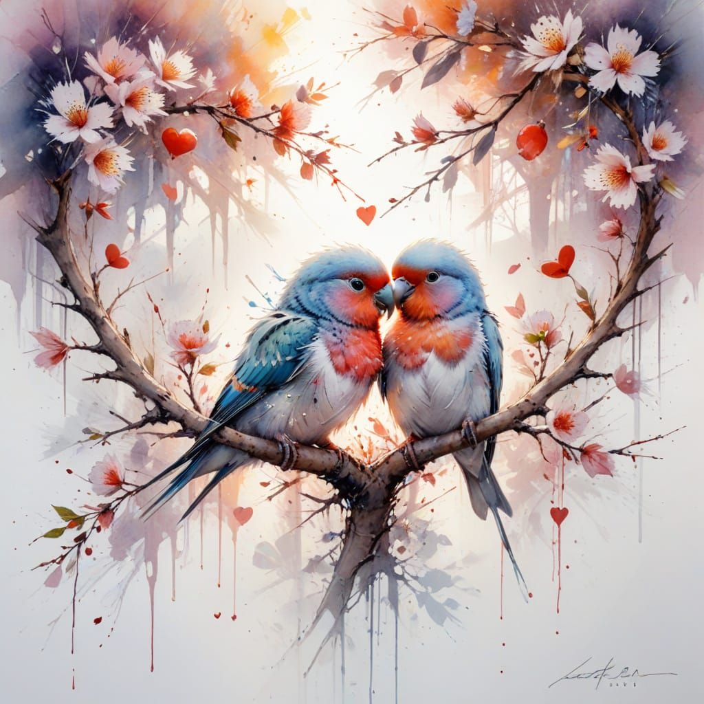 Lovebirds on Heart Branch: Watercolour Art