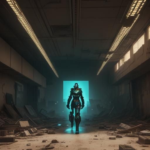 Chaotic evıl srap-punk. Woman wandering among the rubble in ...