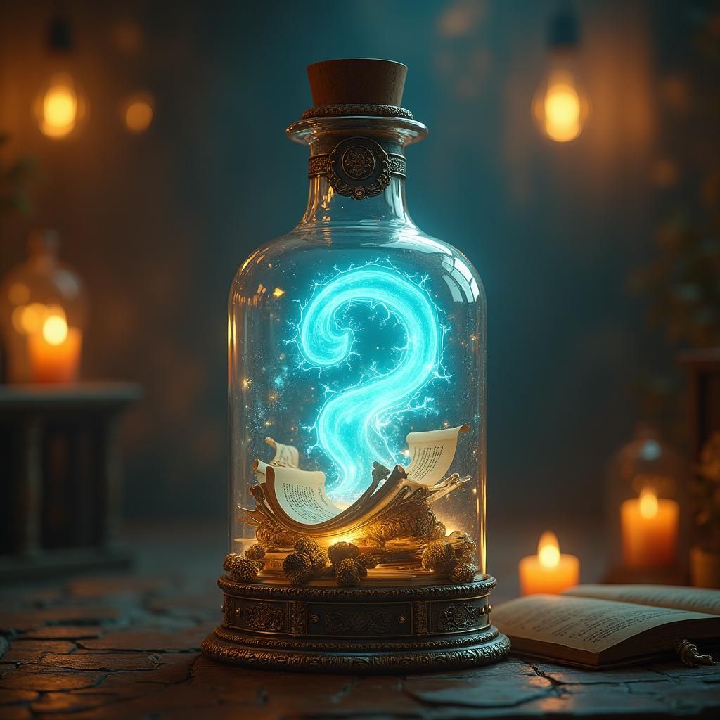 Ornate Bottle Filled with Glowing Educational Artifacts