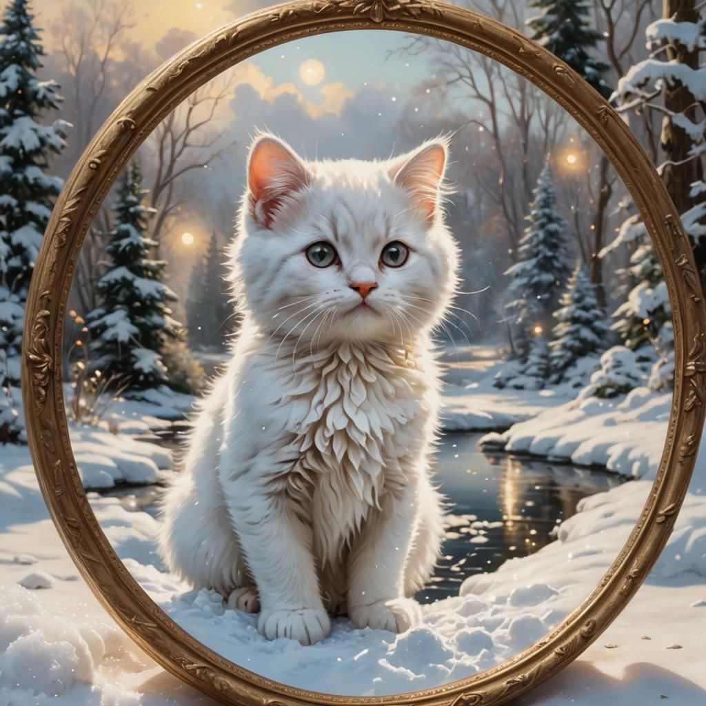 Fluffy Kitten Gazing in Ornate Mirror