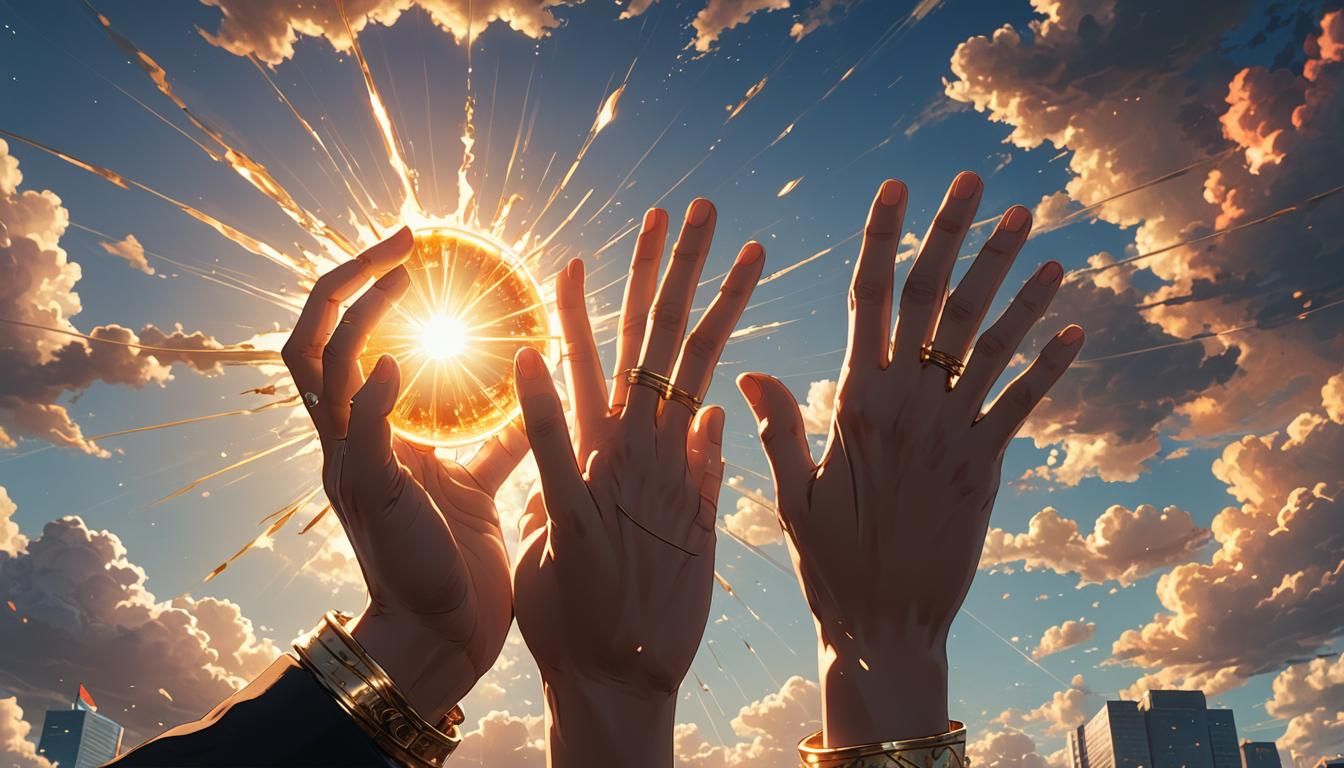 Majestic Hand Holds Sparkling Sun in Anime Style