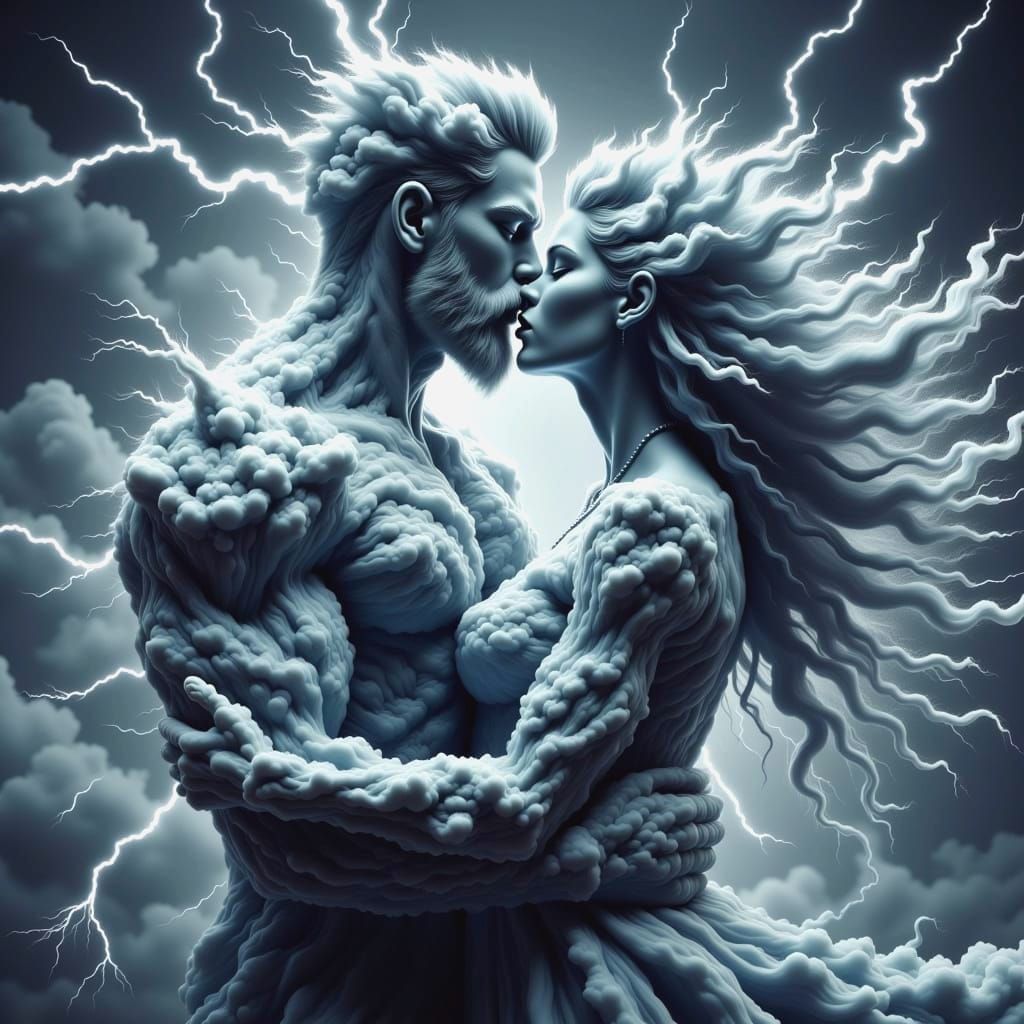 Strong Man Kissing Lover Made of Lightning in Stormy Atmosph...
