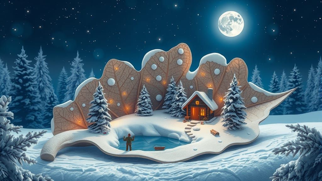 Magical Winter Cabin on Snowy Leaf