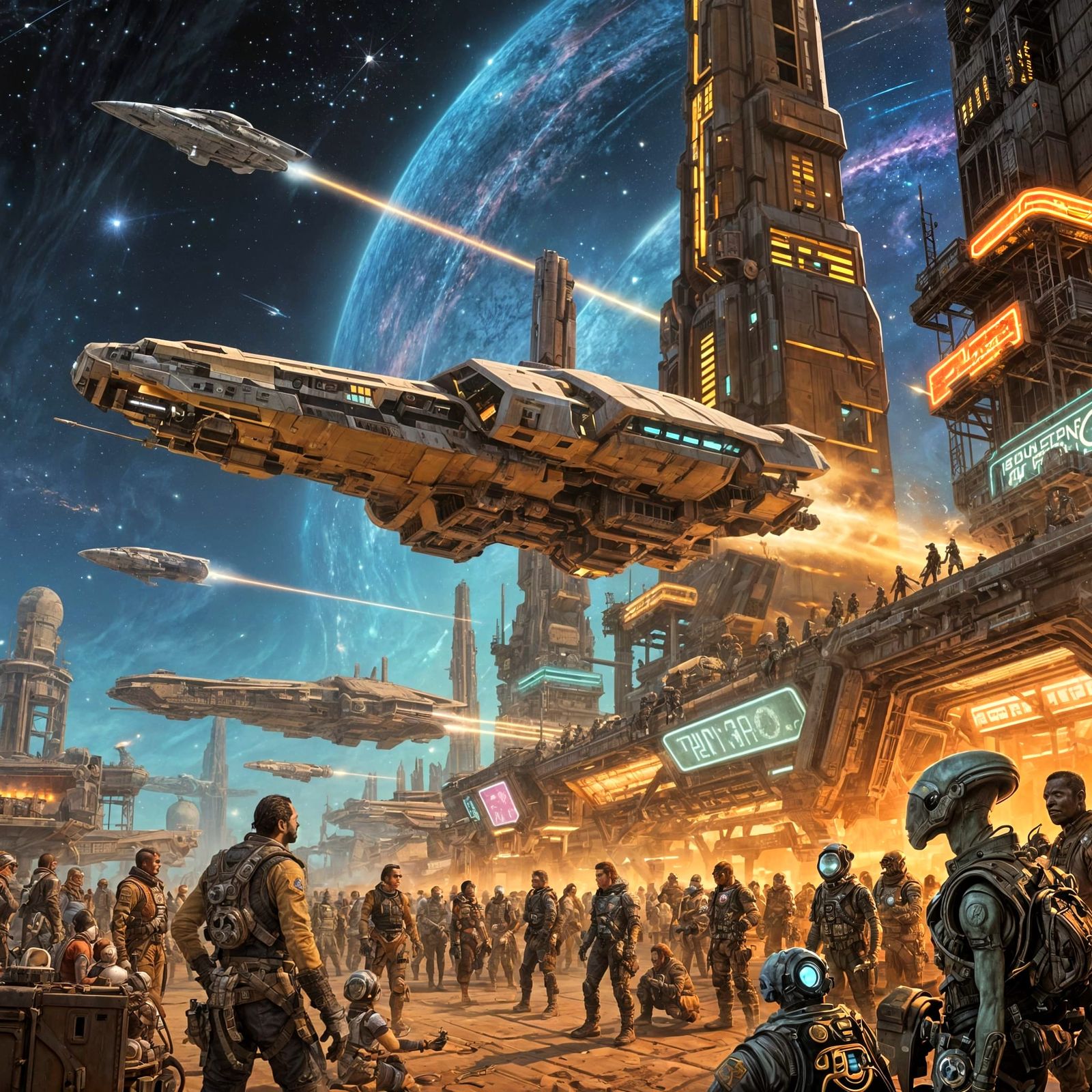 Retro Spaceport Scene in Pulp Art Style