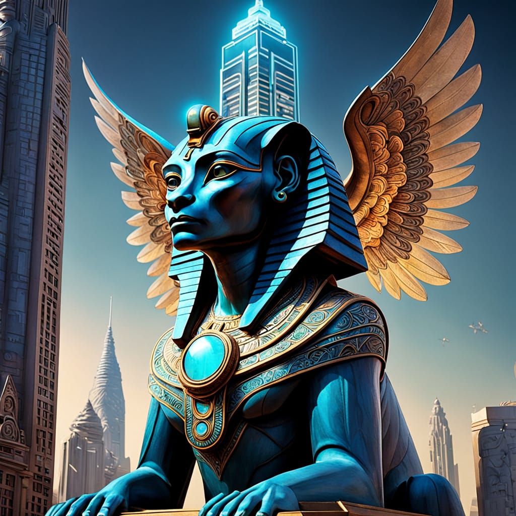 Futuristic Metropolis Sphinx with Glowing Glyphs
