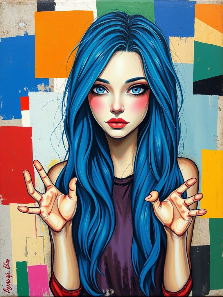 Abstract Portrait of Woman with Blue Hair