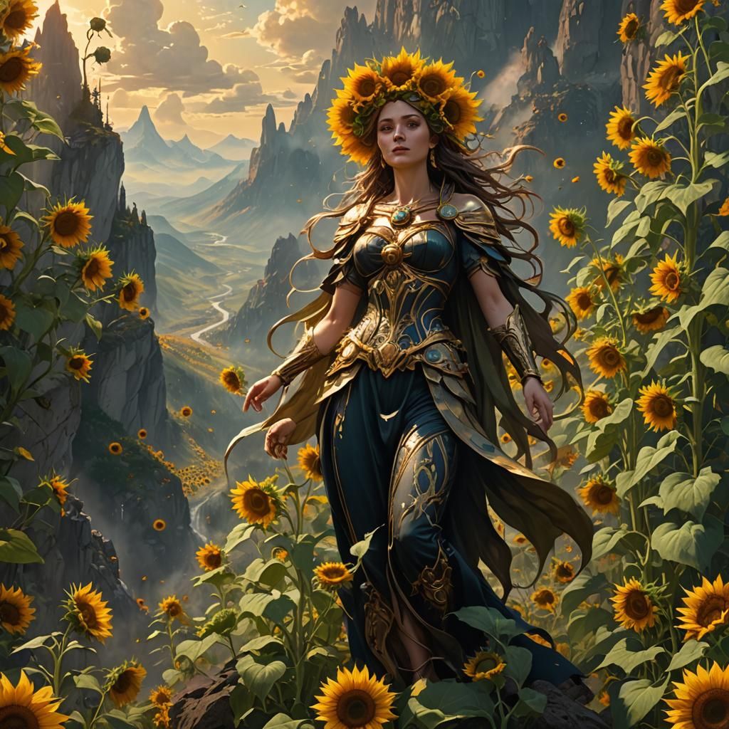 Fairy Goddess Descending into Sunflower Field