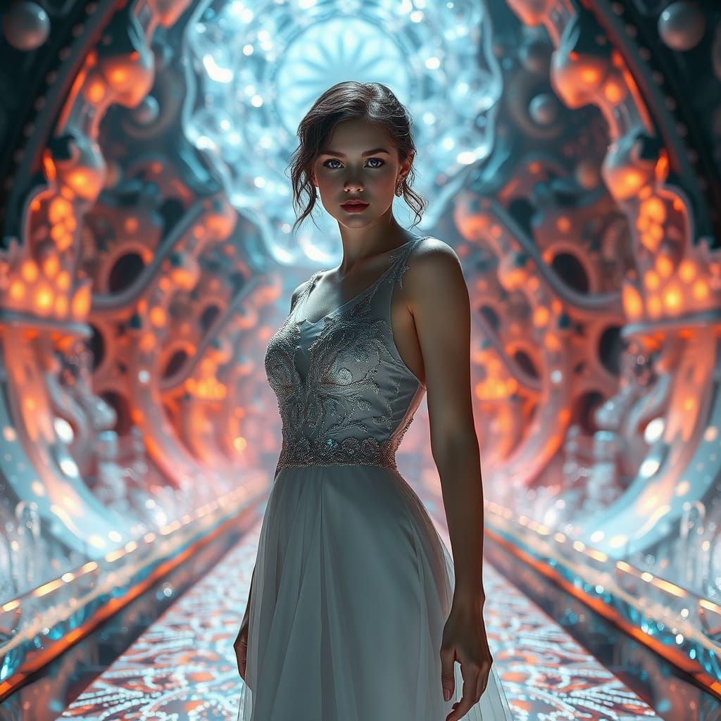 Elegant Woman on Crystal Catwalk with Fractal Backdrop