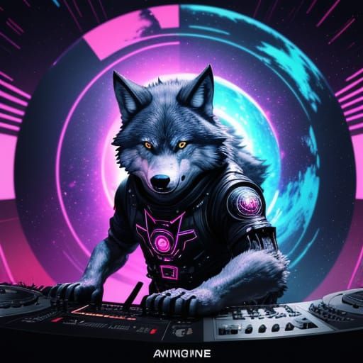 Wolf DJ in Vibrant Space Nebula, 3D Anime Art