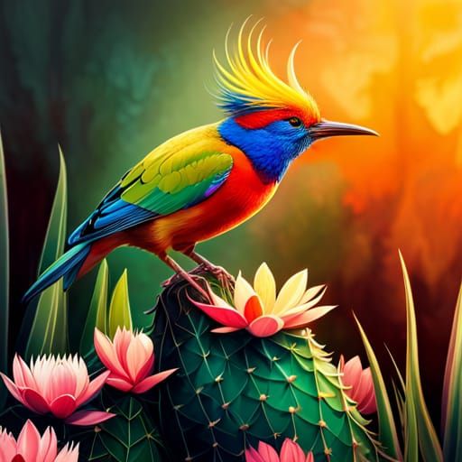 Colorful Bird on Flowering Cactus in Detailed Art