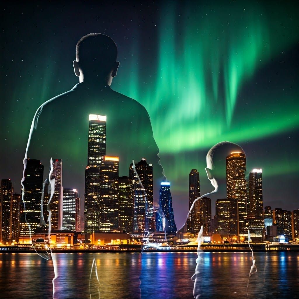 Sci-Fi Cityscape Double Exposure of Father and Son