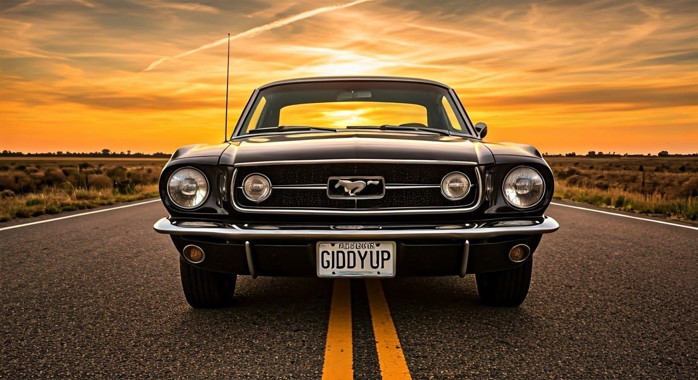 A close up of a black 1968 Ford Mustang on route 66 at sunse...