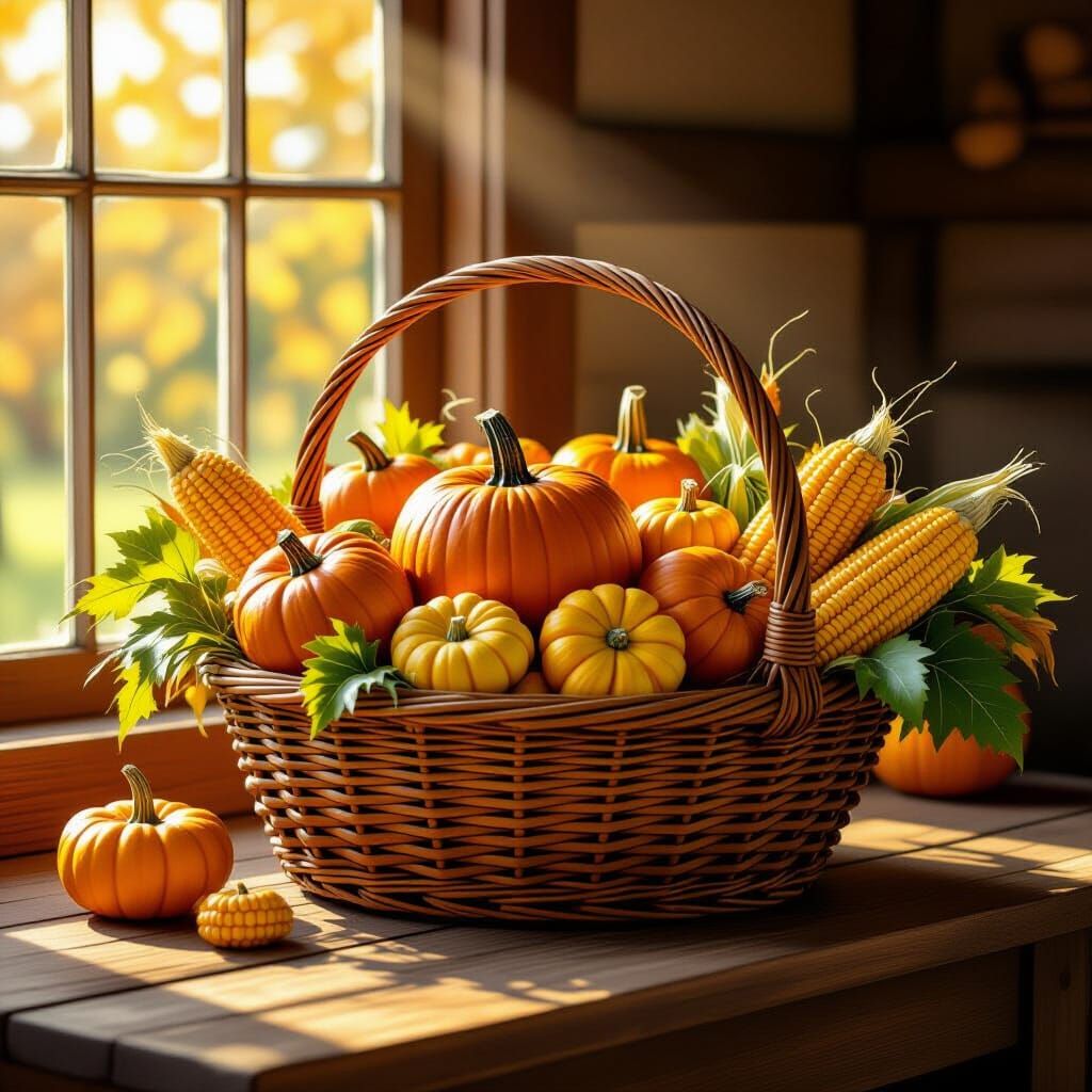 Cozy Autumn Harvest Basket on Wooden Table