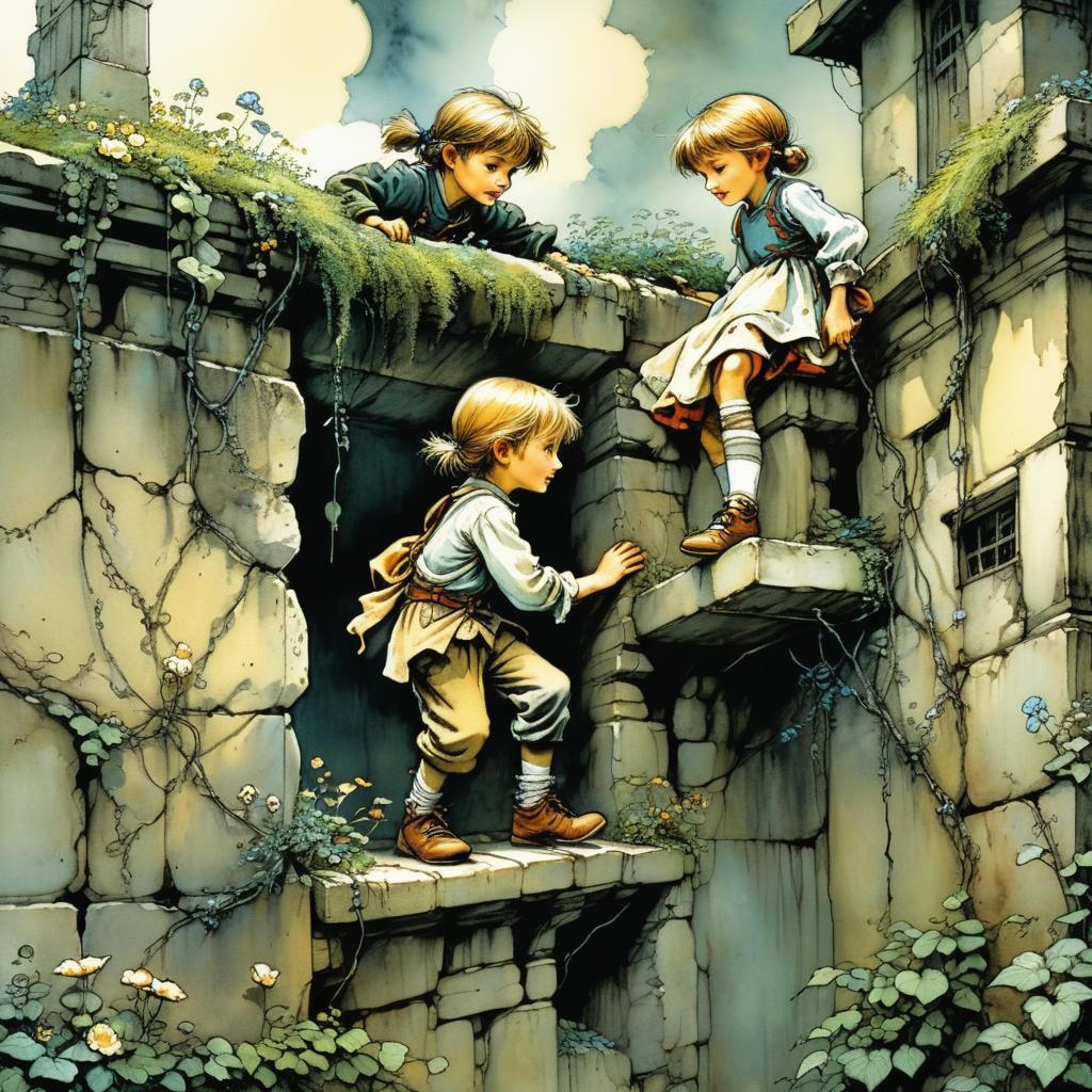 Children Climbing Wall in Intricate Illustration Style