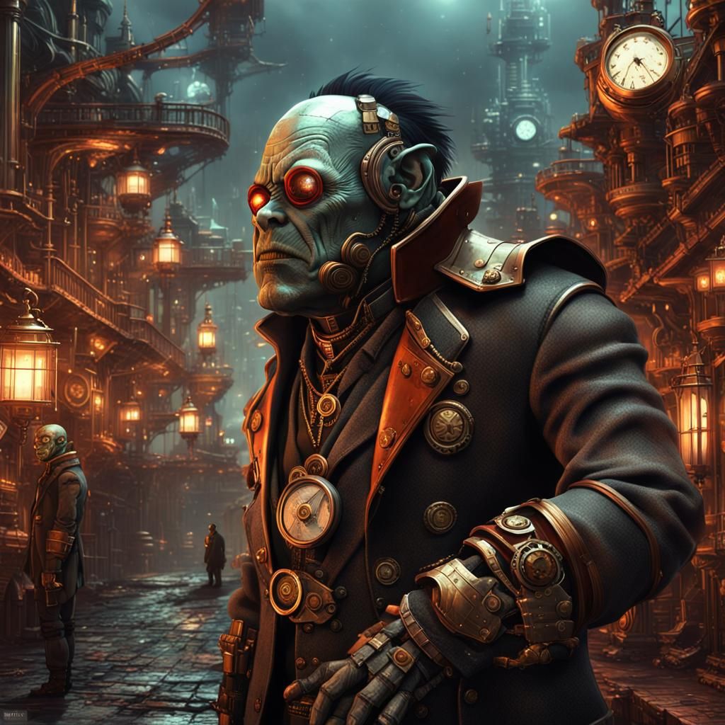 Steampunk Orc in Victorian City: Anime Concept Art