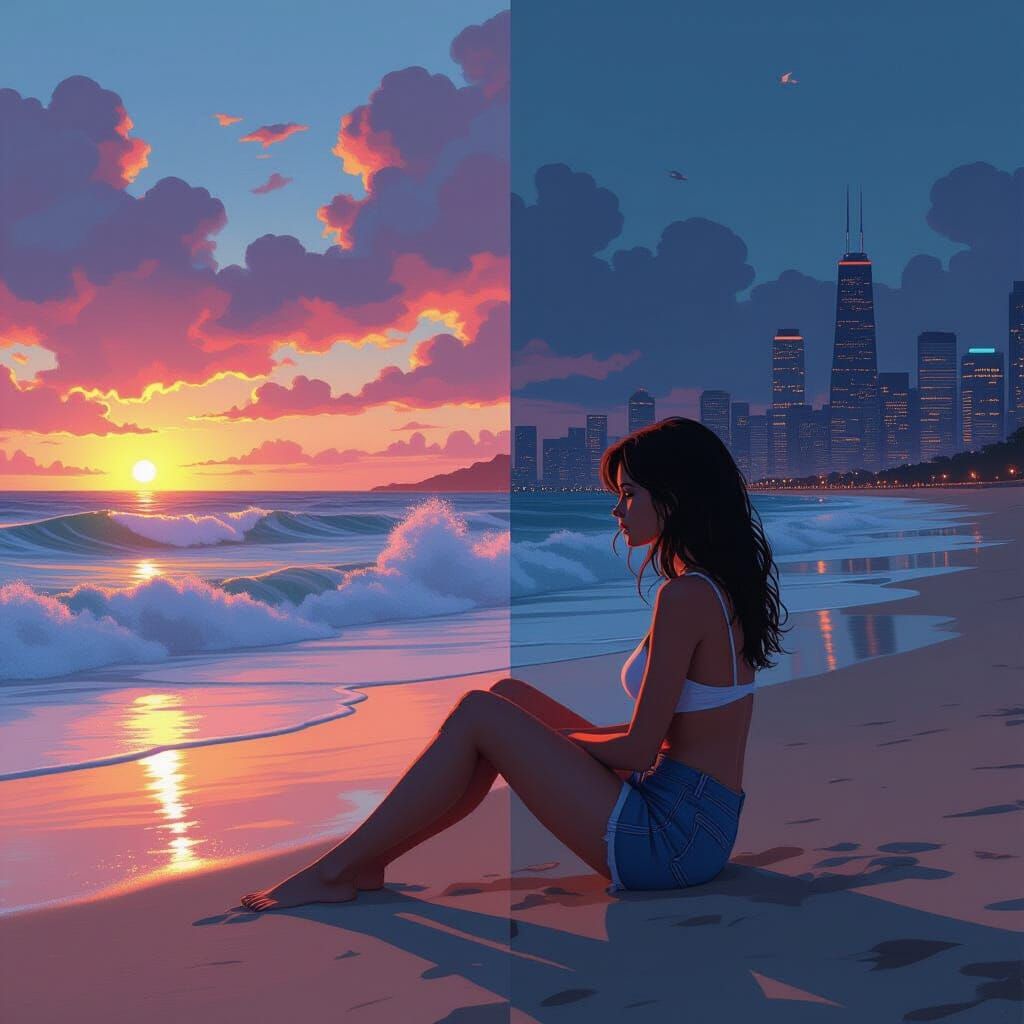 Woman on Beach Meets Cityscape at Dusk