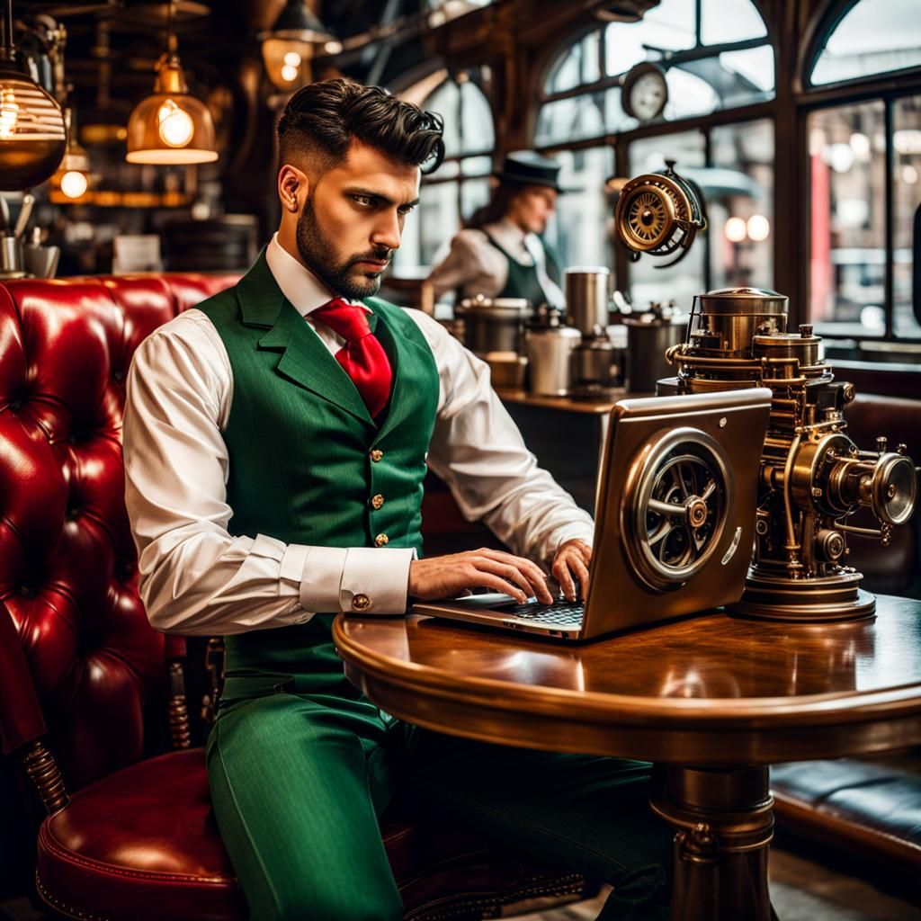Steampunk Man Working on Laptop in Coffee Shop