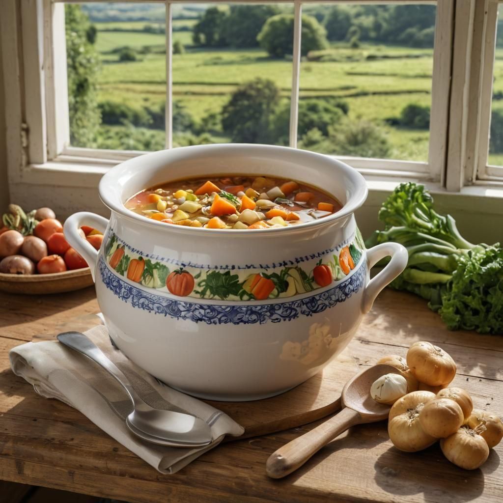 Chunky Vegetable Soup in 1940s Kitchen, Photorealistic