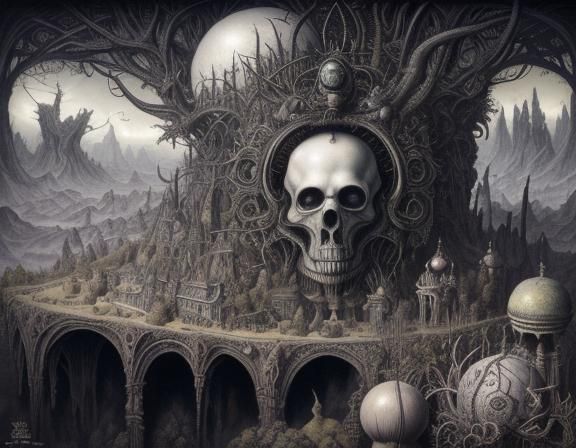 Surreal Landscape with Insectoid Creatures in Pen and Ink