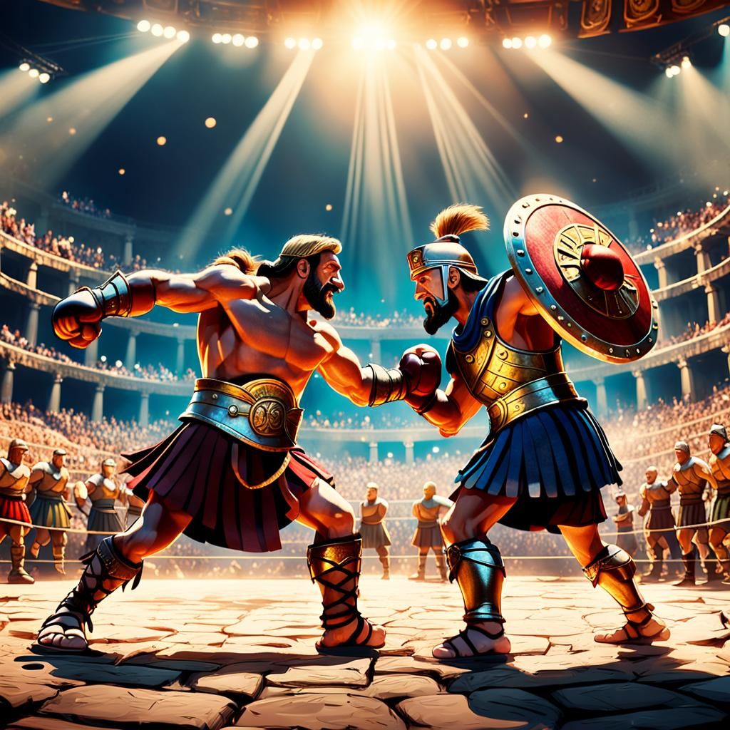 Asterix Boxing a Centurion: Vibrant 3D Digital Art