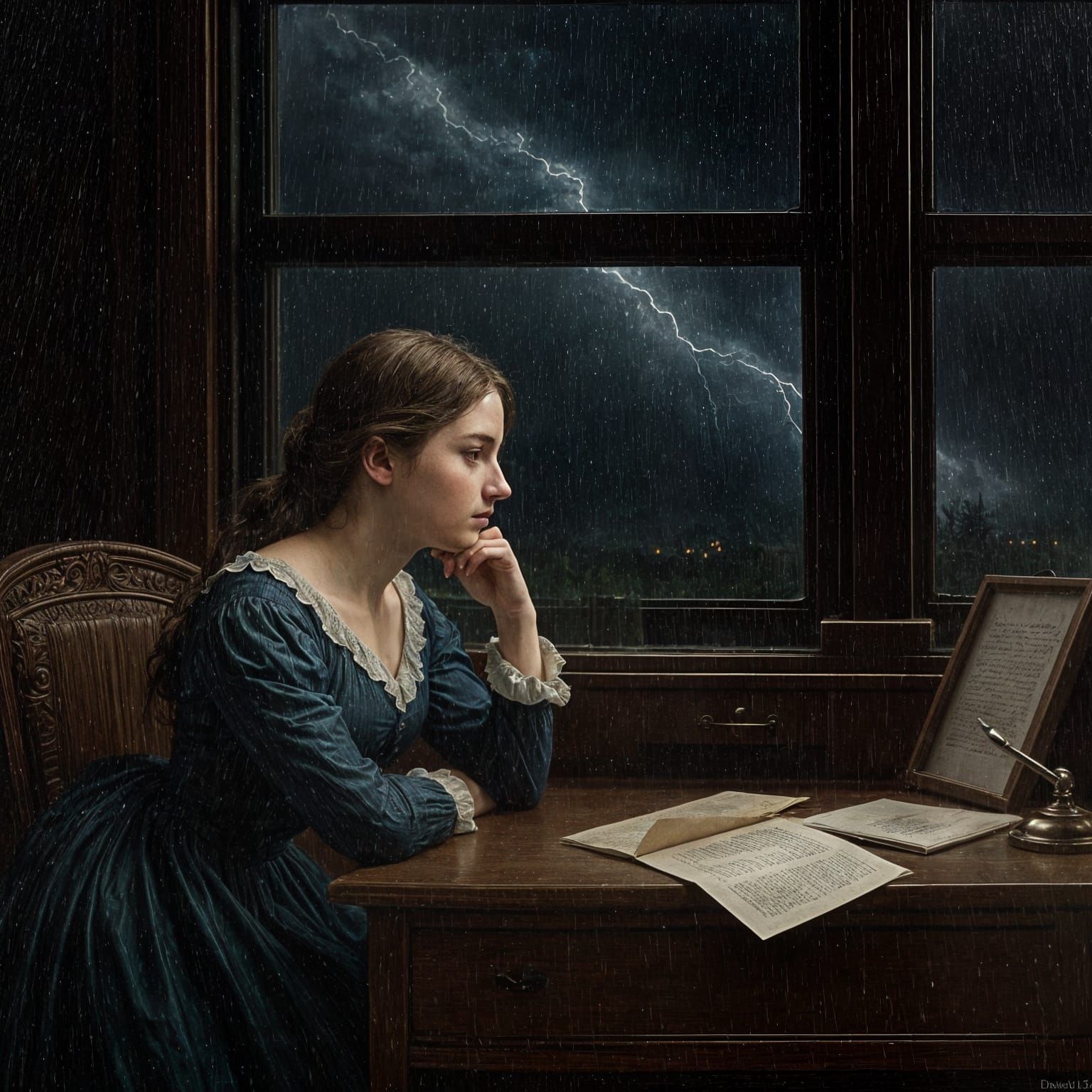 Woman Gazing at Stormy Night, Oil Painting Style