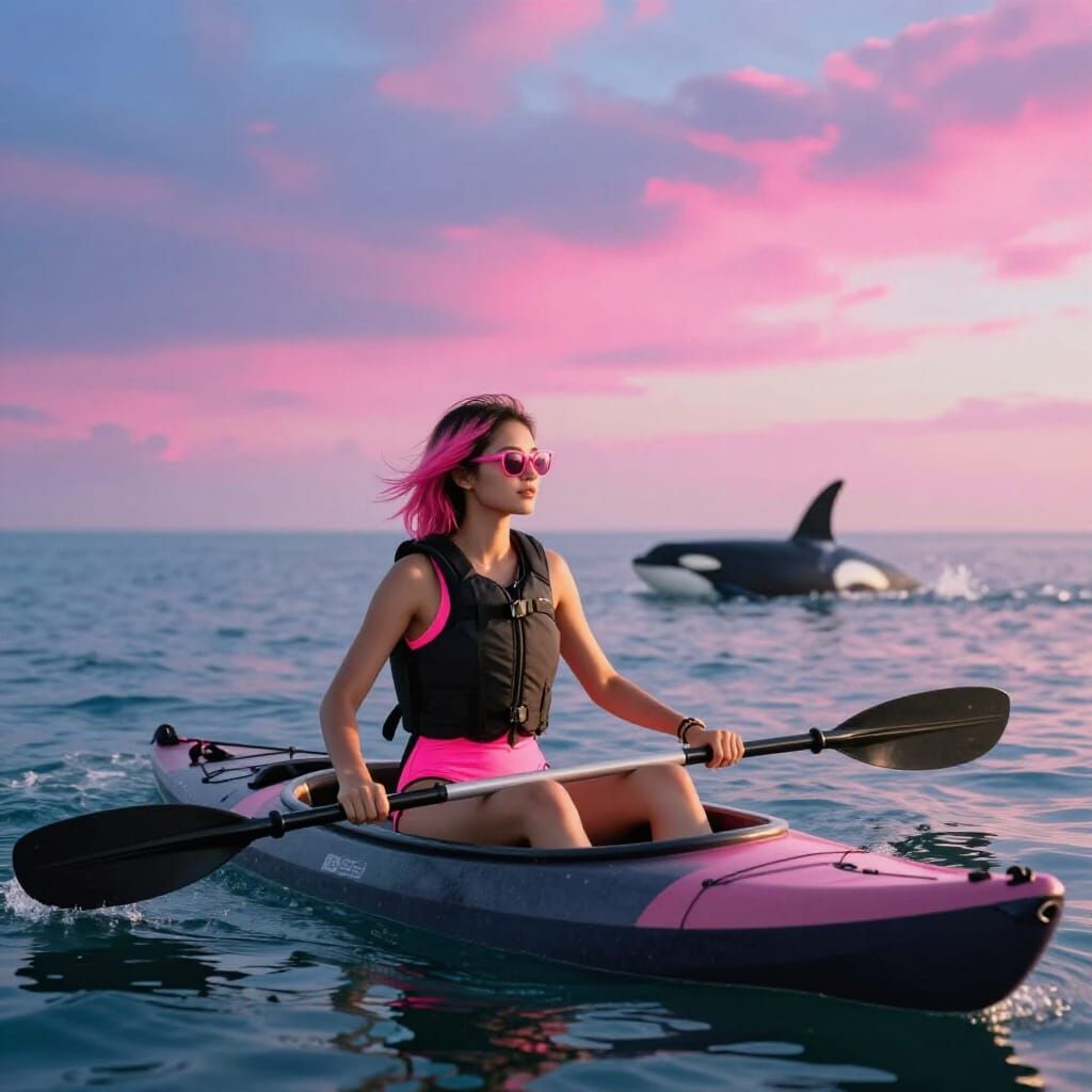 Punk Surfer Woman in Kayak with Orca Breach