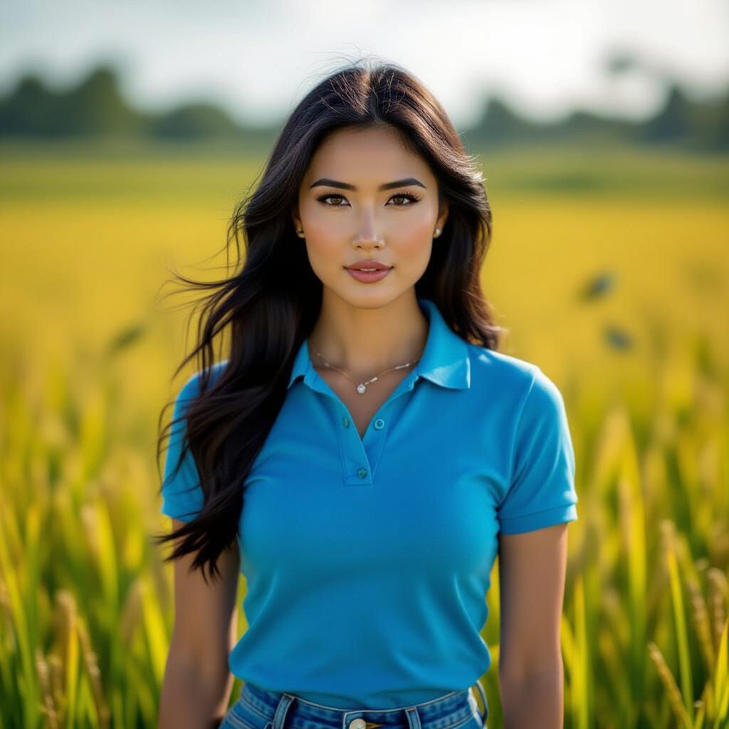 Confident Woman in Rice Paddy: Hyperrealistic Portrait