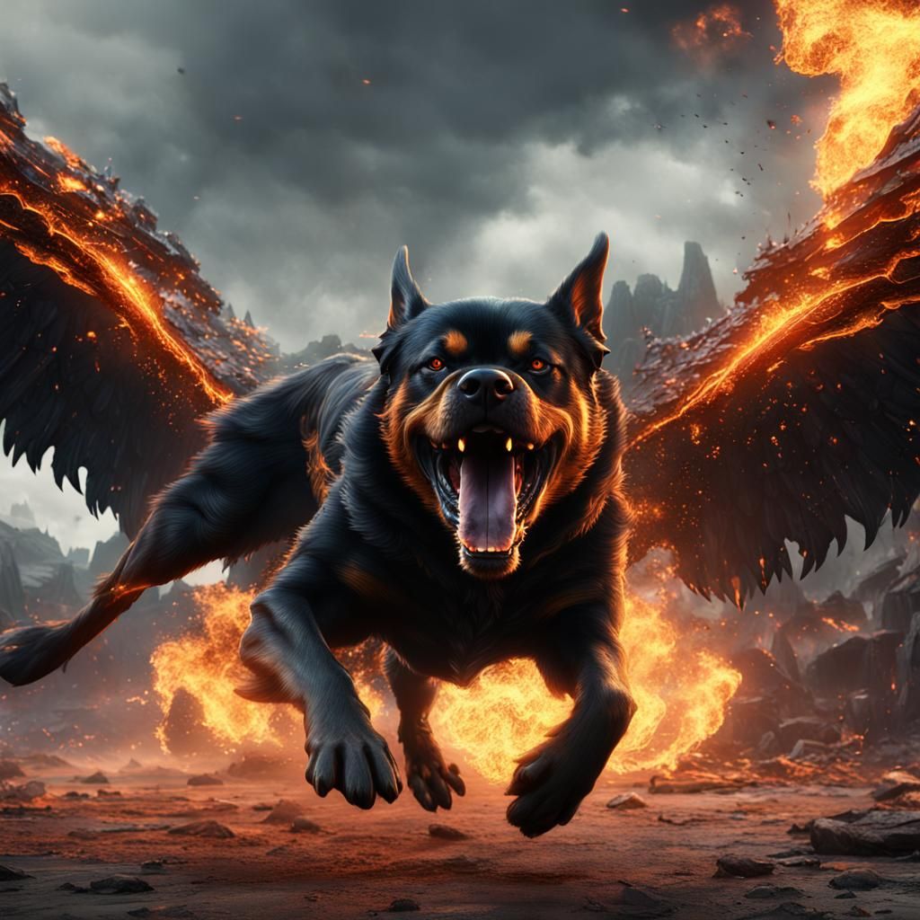 Fiery Black Dog Soaring High: Fantasy Concept Art
