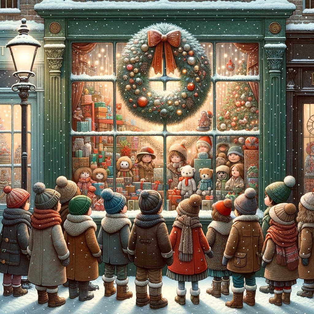 Whimsical Snowy Street Scene With Children