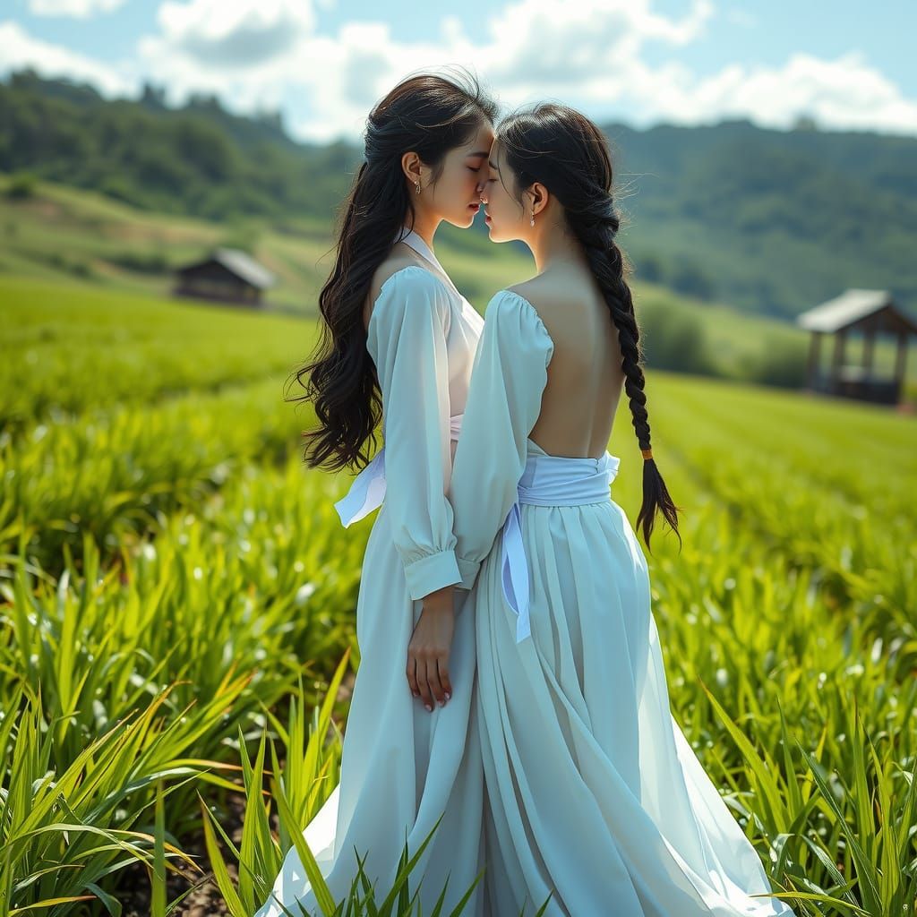 Korean Women Kissing in Rice Paddy Field