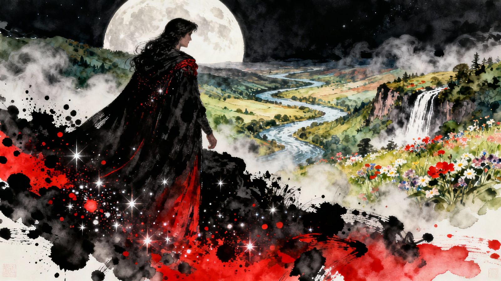 Moonlit Summer Landscape with Waterfalls in Watercolor Style