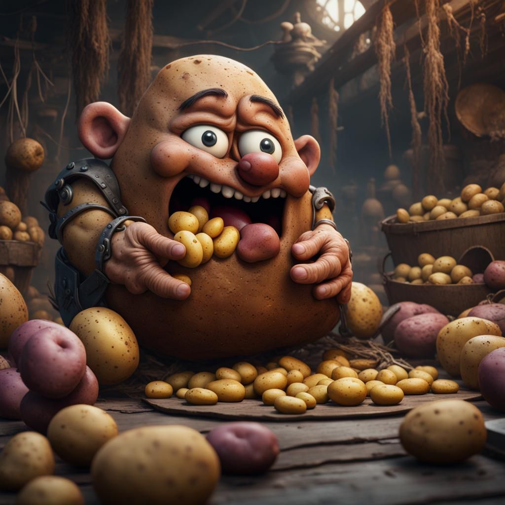 Big Potato Eating Small Potatoes in Detailed Painting