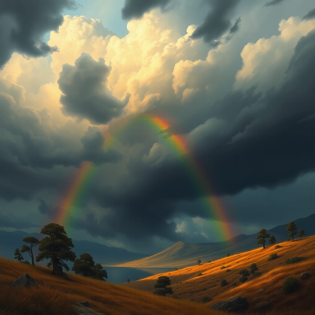 Stormy Landscape with Rainbow in Romantic Style