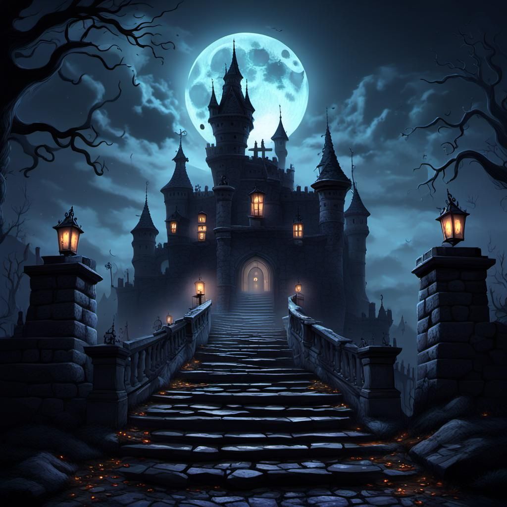 Spooky Castle Staircase Under Ominous Moon in 3D Art
