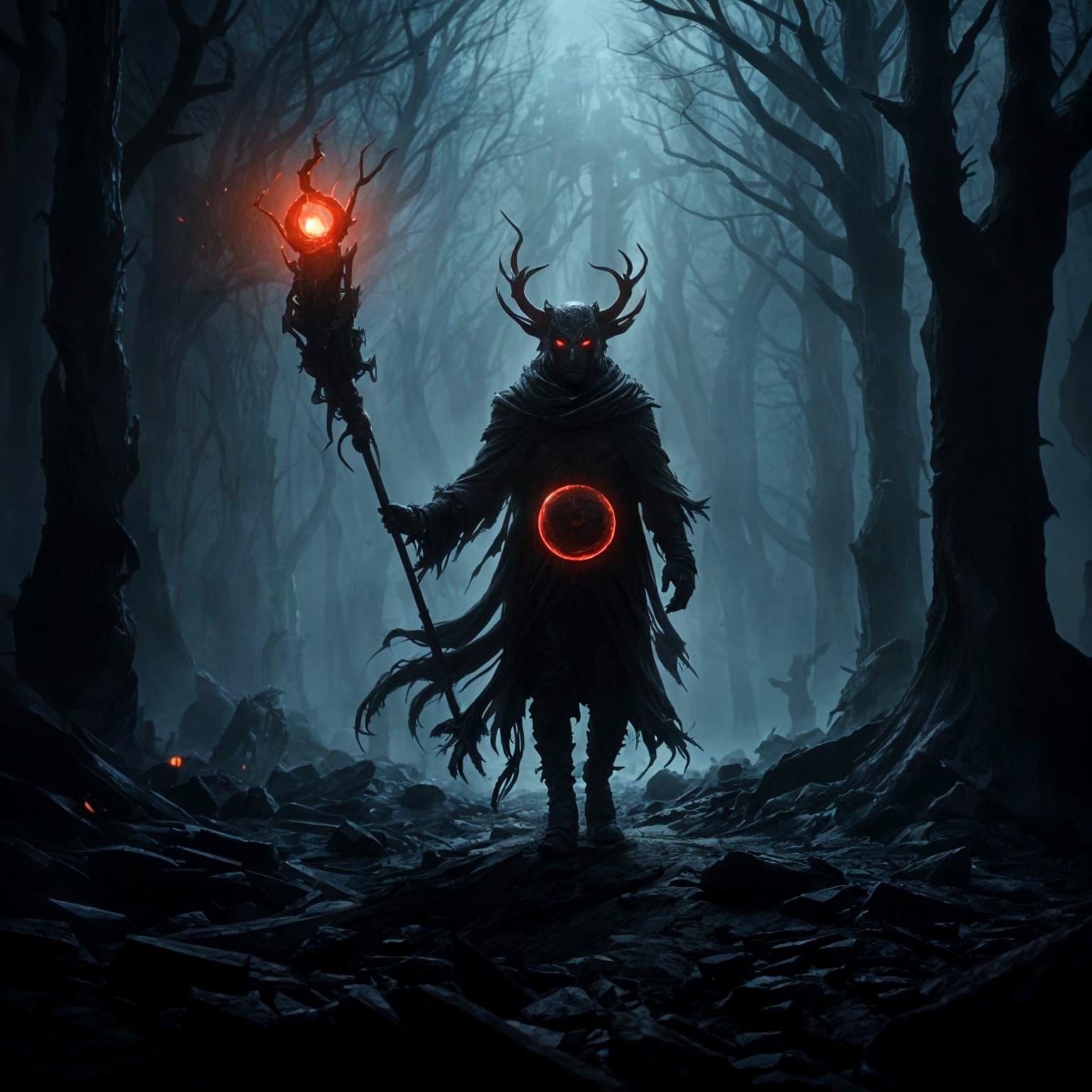 Shadow Creature with Neon Highlights as Dark Ink Painting