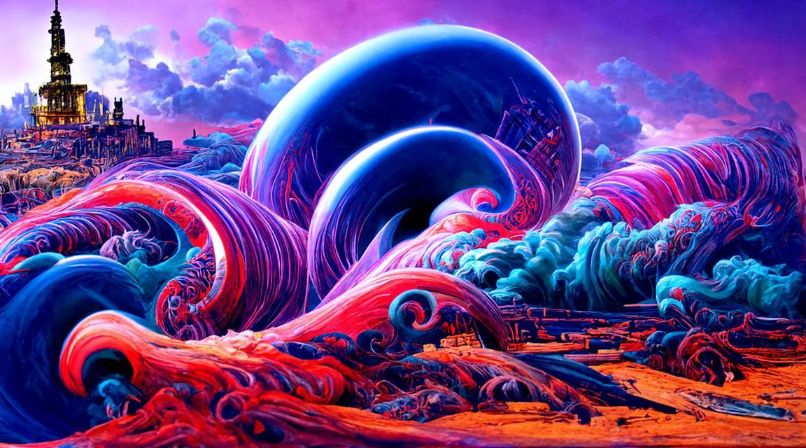 Psychedelic Tidal Wave Engulfs Sci-Fi City