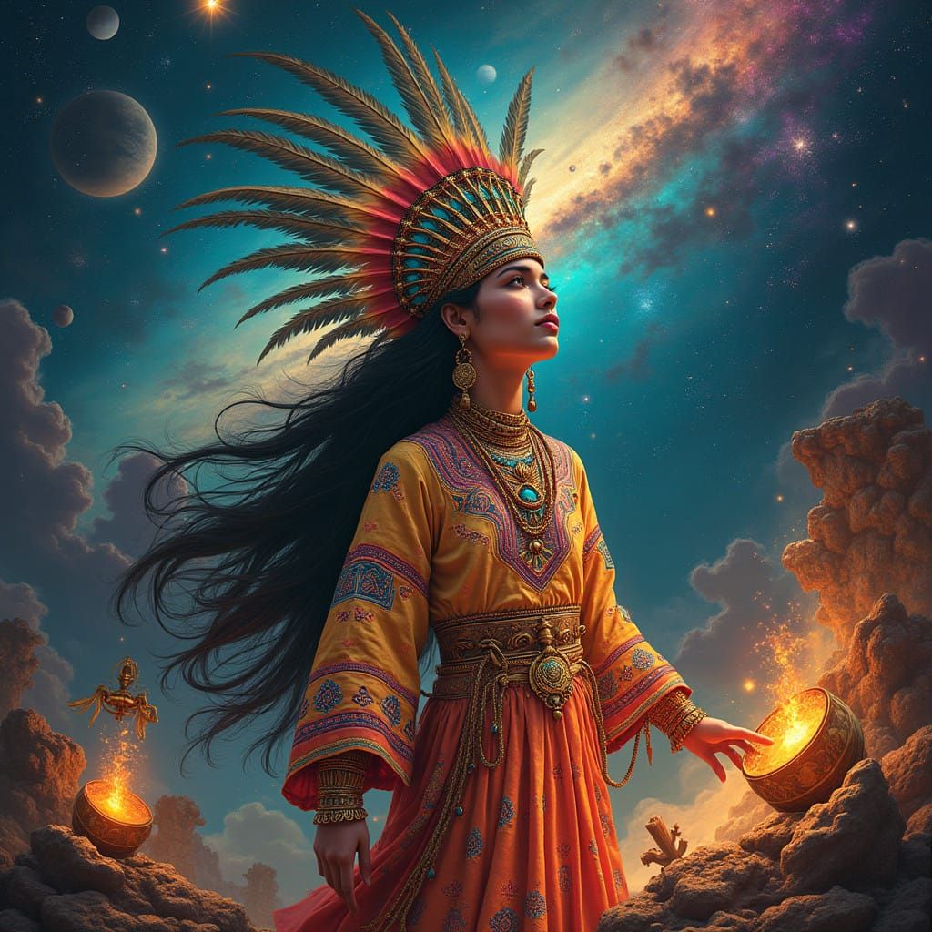 Chicana Astronomer in Aztec-Inspired Dreamworld