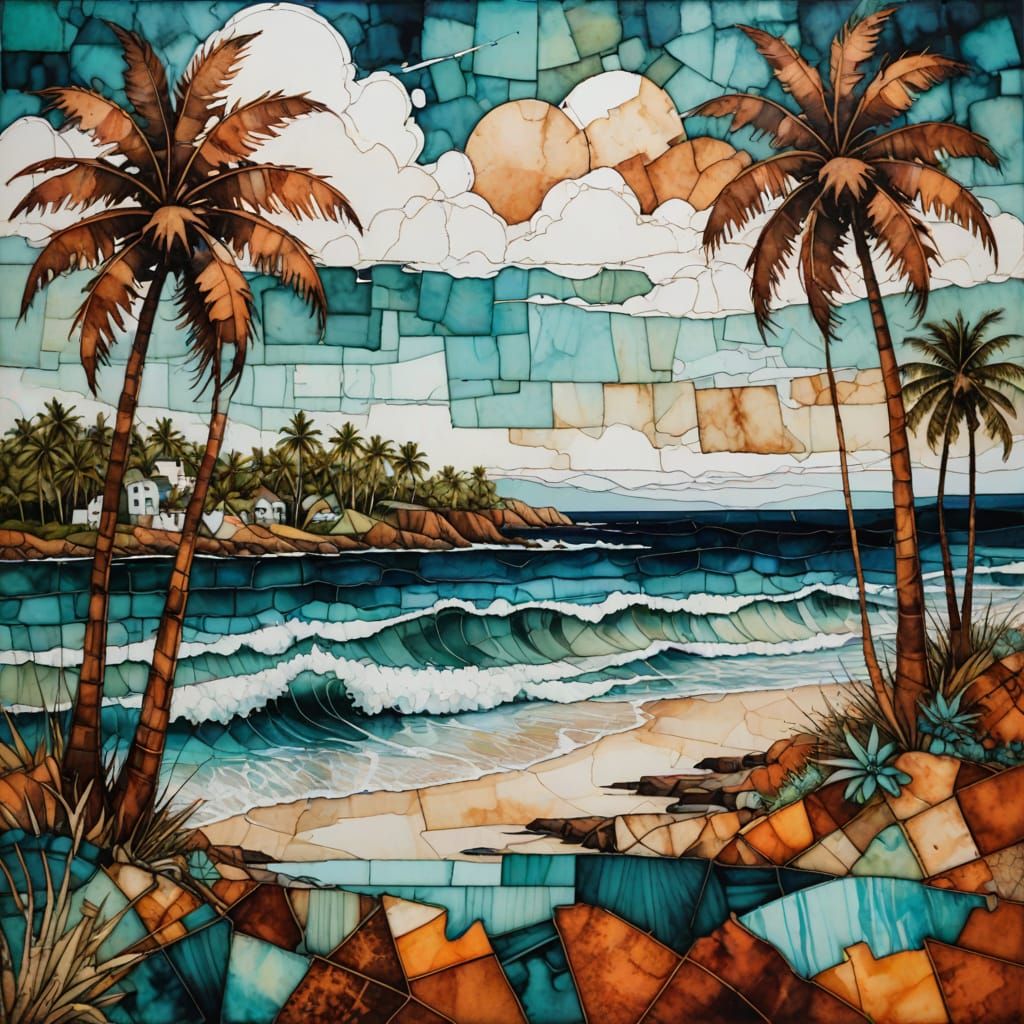 Vibrant Seascape in Cubist Mixed Media